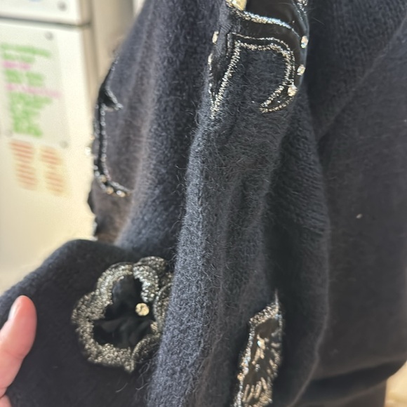 Vintage 90s Escada Black V-Neck Sweater with Velvet, Crystal Embellishments - Picture 5 of 8